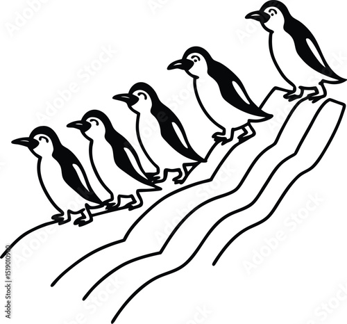 A group of penguins sliding down an icy hill Adobe Illustrator Artwork