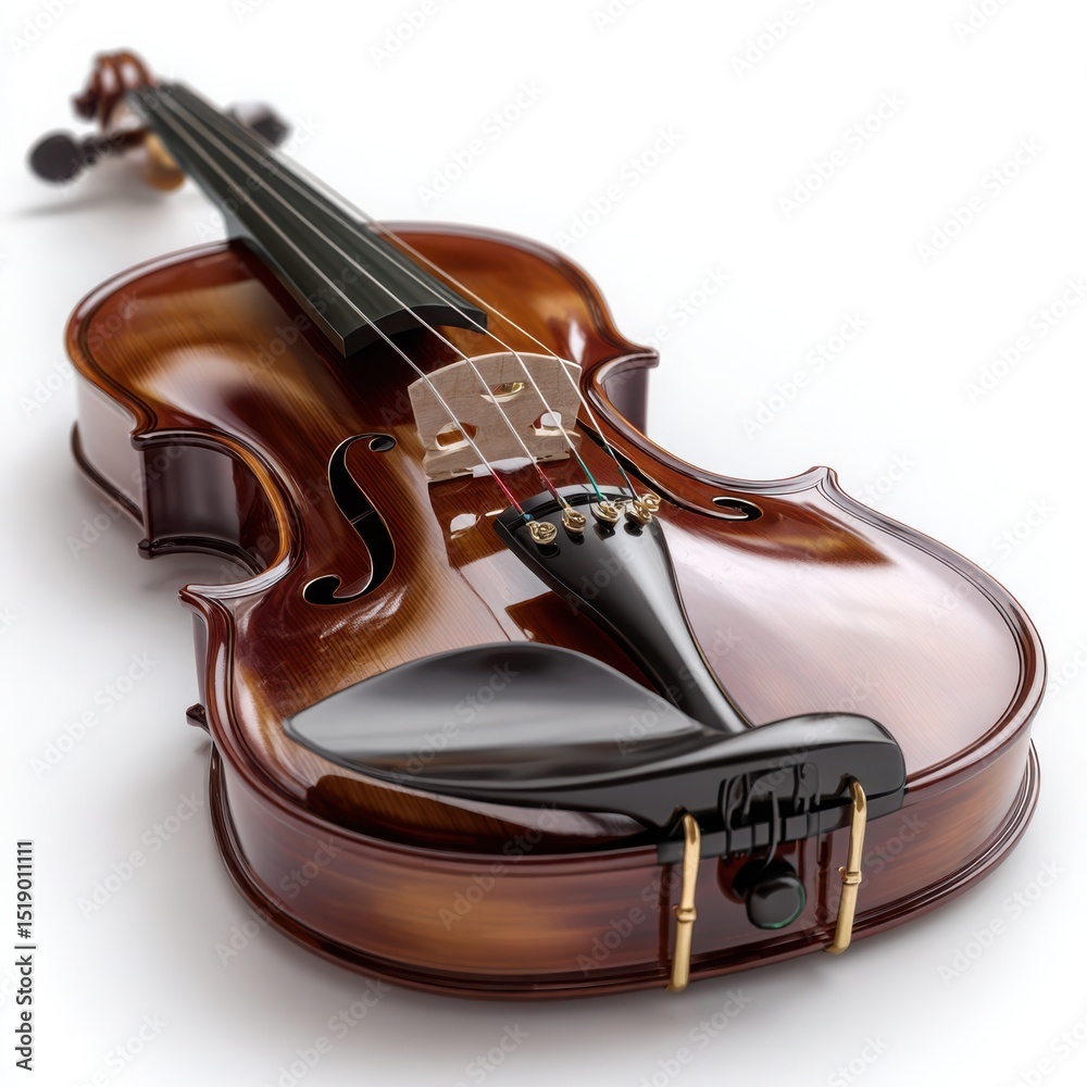 Obraz premium Close-up of a Beautifully Crafted Violin with Glossy Wooden Finish and Strings on a Seamless White Background for Classical Music Enthusiasts and Orchestral Performances - Artistic Angle