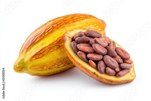 Fresh Cocoa Pod and Cacao Beans: A Close-Up Studio Shot on White Background. Theobroma Cacao Fruit with Seeds, Representing Chocolate Ingredient and Global Trade of Raw Materials photo