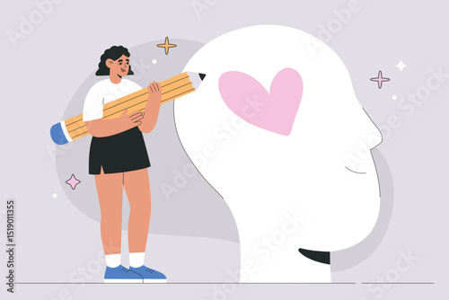 Mental Health Concept, Woman Drawing Heart Inside Head with Big Pencil. Self-Love, Mental Wellness, Emotional Healing, Positive Mindset and Psychotherapy flat vector illustration, isolated background