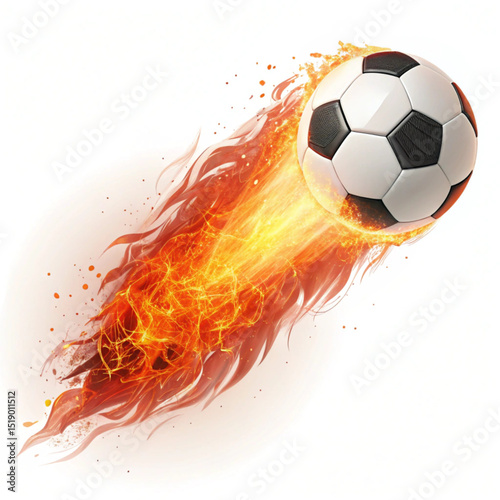 Illustration of a soccer ball engulfed in flames with a fiery trail on a white background created with generated ai