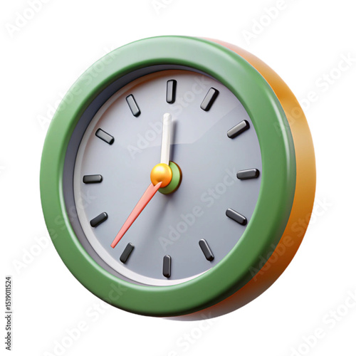 A close up of a round clock with a green frame and orange side showing the time on a white background created with generated ai