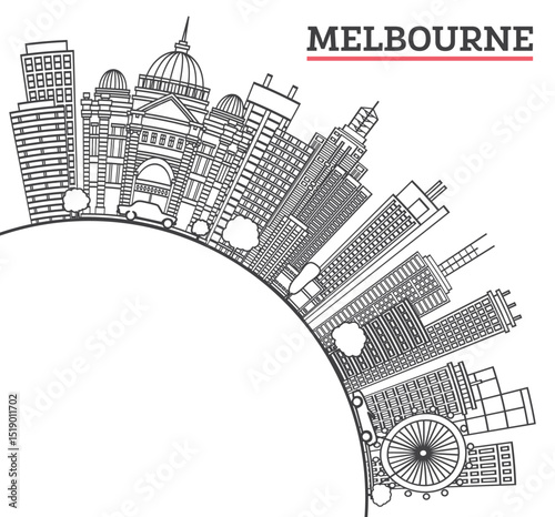 Outline Melbourne Australia City Skyline with Modern and Historic Buildings Isolated on White. Melbourne Cityscape with Landmarks and copy space.