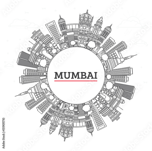 Outline Mumbai India City Skyline with Historic Buildings and copy space Isolated on White. Bombay Cityscape with Landmarks.
