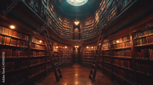 A Victorian-era library filled with antique books, ladders, and glowing chandeliers 