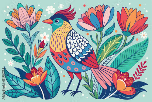 Colorful Bird Surrounded by Vibrant Flowers and Foliage in a Flat Design