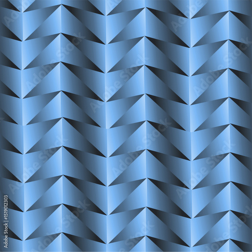 This abstract geometric design features a repeating chevron weave in metallic blue tones, creating depth and movement through light gradients and shadowed 3D triangular folds.
