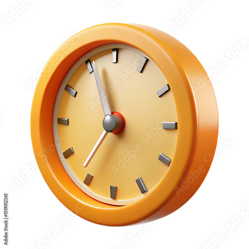 A close up of a 3d rendered orange clock with a yellow face and silver hands on a white background created with generated ai