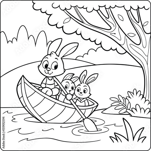 Adorable Bunnies Enjoying a Peaceful Rowboat Ride on a Serene Lake