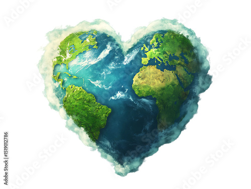 3D Of Heart Shaped Earth on Clouds on transparent background