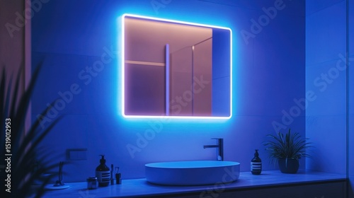 A smart glass mirror with a glowing AI-powered virtual assistant 