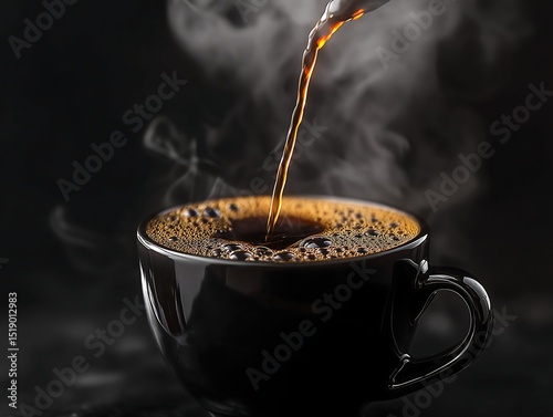 Dark Roast Coffee Pour: Steaming Hot Brew in Black Mug
