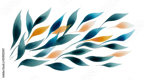 Dreamy watercolor leaves in shades of blue peach and gold create a tranquil artistic ambiance against a pure white