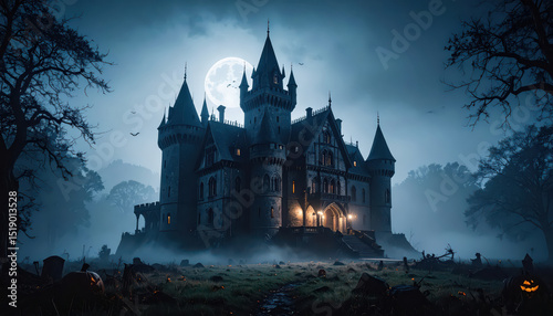 Spooky old gothic castle, foggy night, haunted mansion