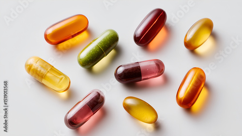 a close-up shot of colorful vitamin capsules, illustrating health, medicine, and supplements. The image shows a variety of pill types
