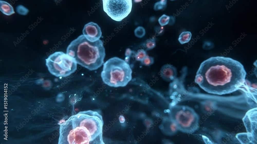Blue Microscopic Cells With Floating Organic Motion Loop