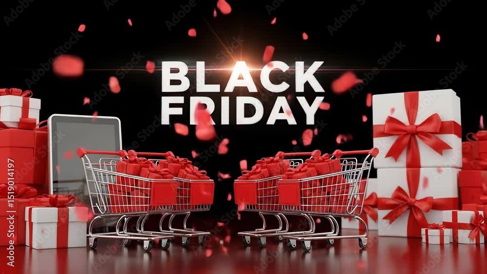 Black Friday Sale: Red Gifts and Shopping Carts on Black Background