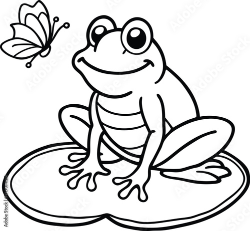 A happy frog sitting on a lily pad and catching