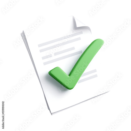 3D illustration of a document with a green checkmark. photo