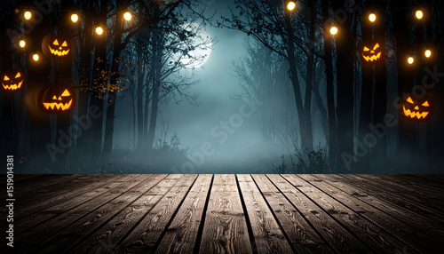 Spooky halloween background with empty wooden planks, dark horror background.