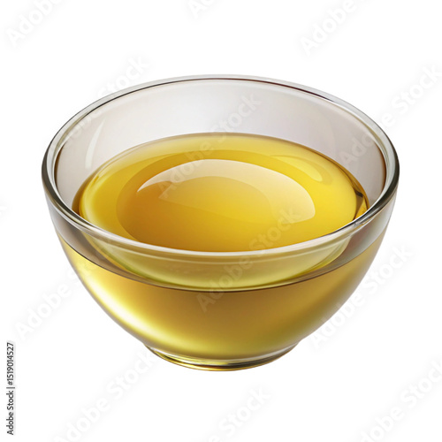 Clear glass bowl filled with golden liquid and a large yellow yolk centered in the bowl view close up created with generated ai