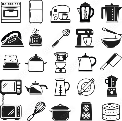 A comprehensive set of kitchen appliance icons perfect for culinary branding design projects needing scalable graphics
