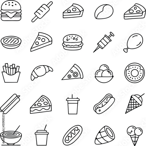Delicious Food Icons Set A scalable collection of appetizing burger pizza ice cream and croissant icons perfect for branding and menu design