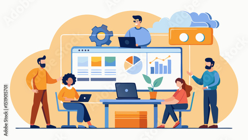 Team of developers working on project management and software development with dashboards and cloud computing, flat illustration of modern office teamwork and collaboration.
