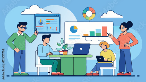 Team of developers working on project management and software development with dashboards and cloud computing, flat illustration of modern office teamwork and collaboration.