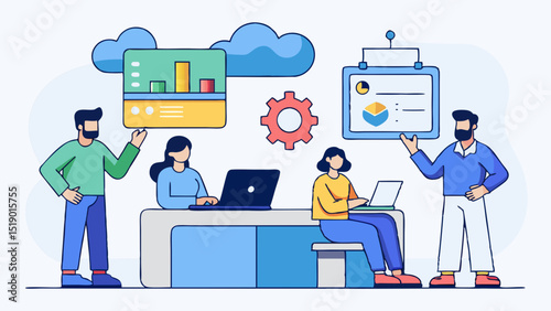 Team of developers working on project management and software development with dashboards and cloud computing, flat illustration of modern office teamwork and collaboration.