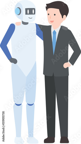 肩を組んで協力しているスーツの男性とロボット