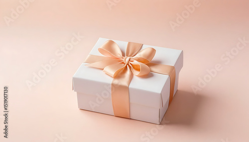 Elegant White Gift Box with Peach Ribbon on a Soft Pink Background: Perfect for Celebrations, Presents, Birthdays, and Special Occasions