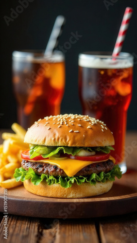 Upright Still Life, Burger And French Fries, Iced Drink On Wooden Table