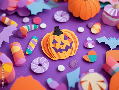 Wallpaper Mural A festive Halloween flat lay with a paper-cut pumpkin and various candies Torontodigital.ca