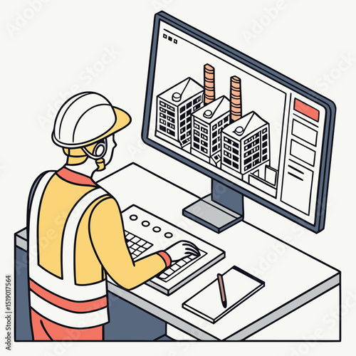 Engineer Designs Factory on Computer Screen, showing digital model in office setting, with conceptual keywords like 'industrial design' and 'technical illustration'