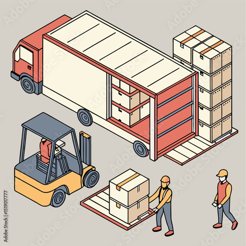 Workers load boxes onto a truck using a forklift, illustrating logistics and delivery in an isometric vector style.