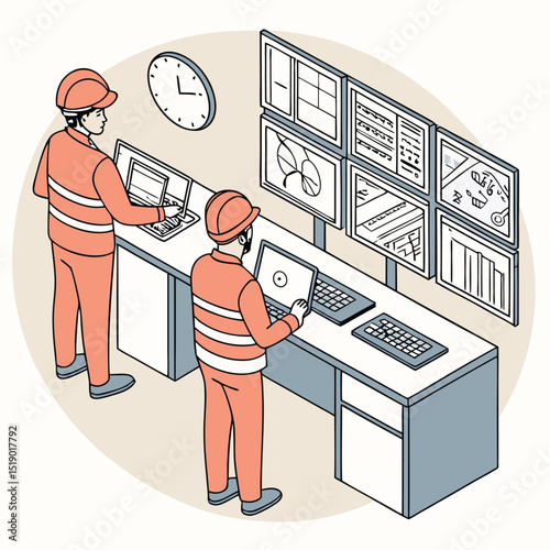 Workers operate control panels in an industrial setting, monitoring data displays with a teamwork concept and with copy space.