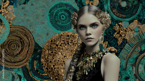 magazine layout on timeless beauty | ritual beauty | melancholic beauty | emerald and copper | ornamental framing | gold spirals | mosaic-like tessellation | ornamental layering | mythic seduction |