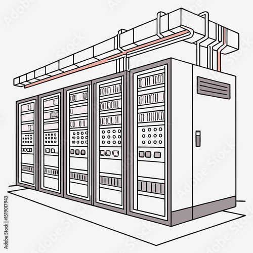 Server Racks Illustrate Data Processing in a Minimalist Style, conveying digital infrastructure, with line art and technical drawing elements.
