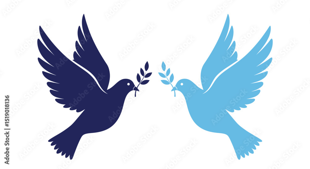 Obraz premium Two doves holding olive branches one dark blue one light blue