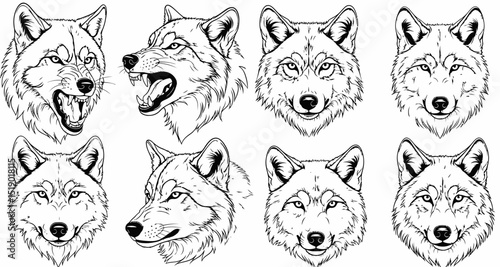 Line Art Illustration of Multiple Wolf Heads with Varying Expressions