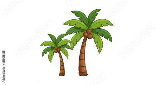 Two Cartoon Palm Trees with Green Leaves and Coconuts