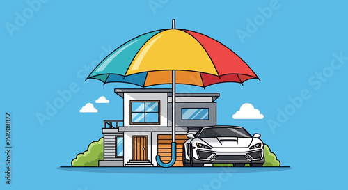 Cartoon house and car protected by a colorful umbrella