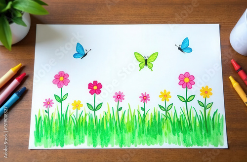 colorful drawing of green grass, flowers and butterflies flying in the sky. Blue, green, pink and yellow crayons, placed on wooden surface, soft morning light, realistic textures