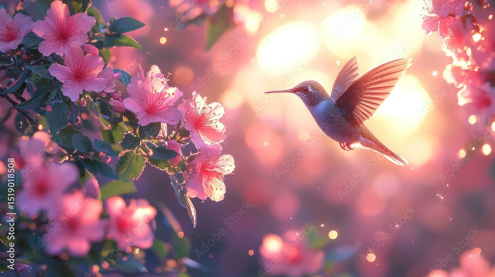 Hummingbird in pink blossoms Hummingbird in pink blossoms
