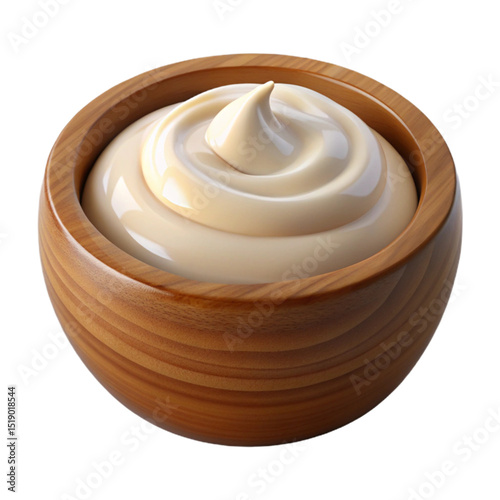 Creamy mayonnaise swirl in a wooden bowl against a white background offering a simple and clean aesthetic created with generated ai