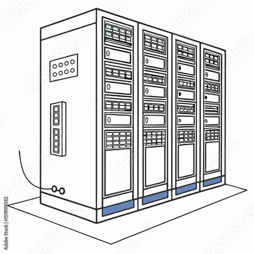 Network Servers Array Stand in a Data Center Showing the Backbone Infrastructure, a conceptual illustration of IT infrastructure with clean lines