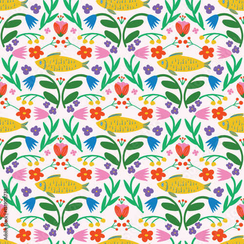 Decorative hand-drawn flowers and fish pattern. Summer sea-life themed bright background for fabric, kids product design, gift wrap, stationery. 