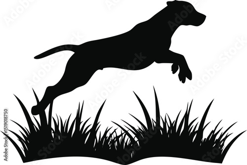 Dog jumping in grass silhouette isolated on transparent background