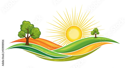 Stylized Illustration of Rolling Hills Trees and a Bright Sun